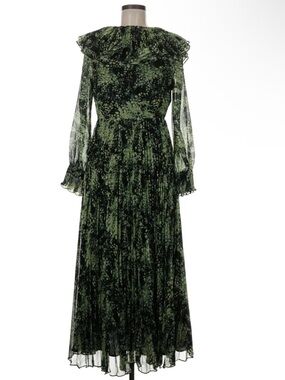 Elegant Whistles Green Floral Ruffle Midi Dress Sheer Long Sleeve UK 12 US 8